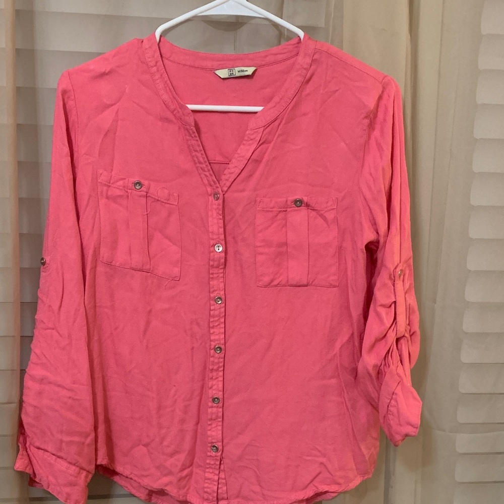 Roll-Tab Coral Button-Down Shirt with Chest Pockets
